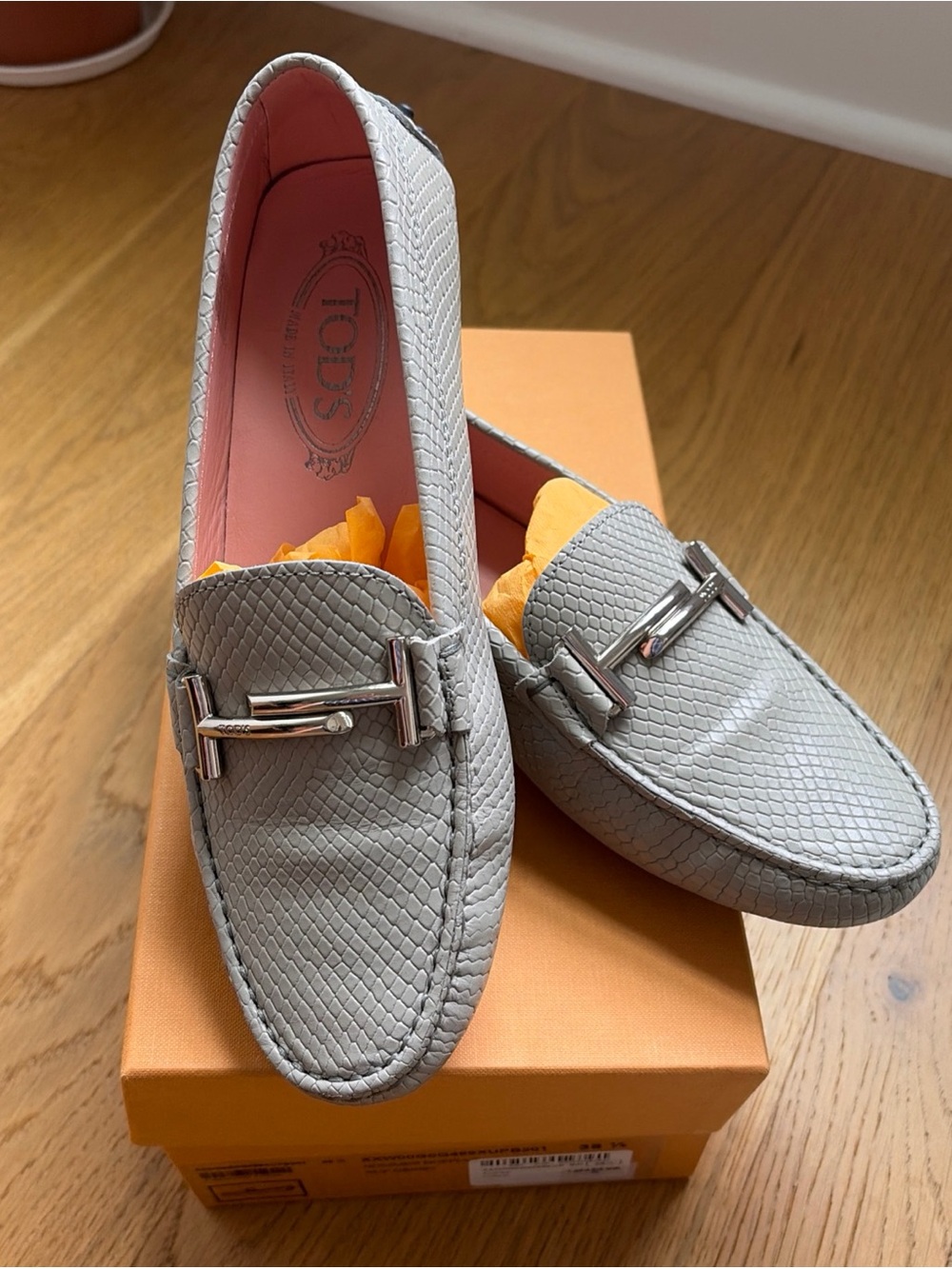 Tod's Light Grey Textured Leather Bit Loafers